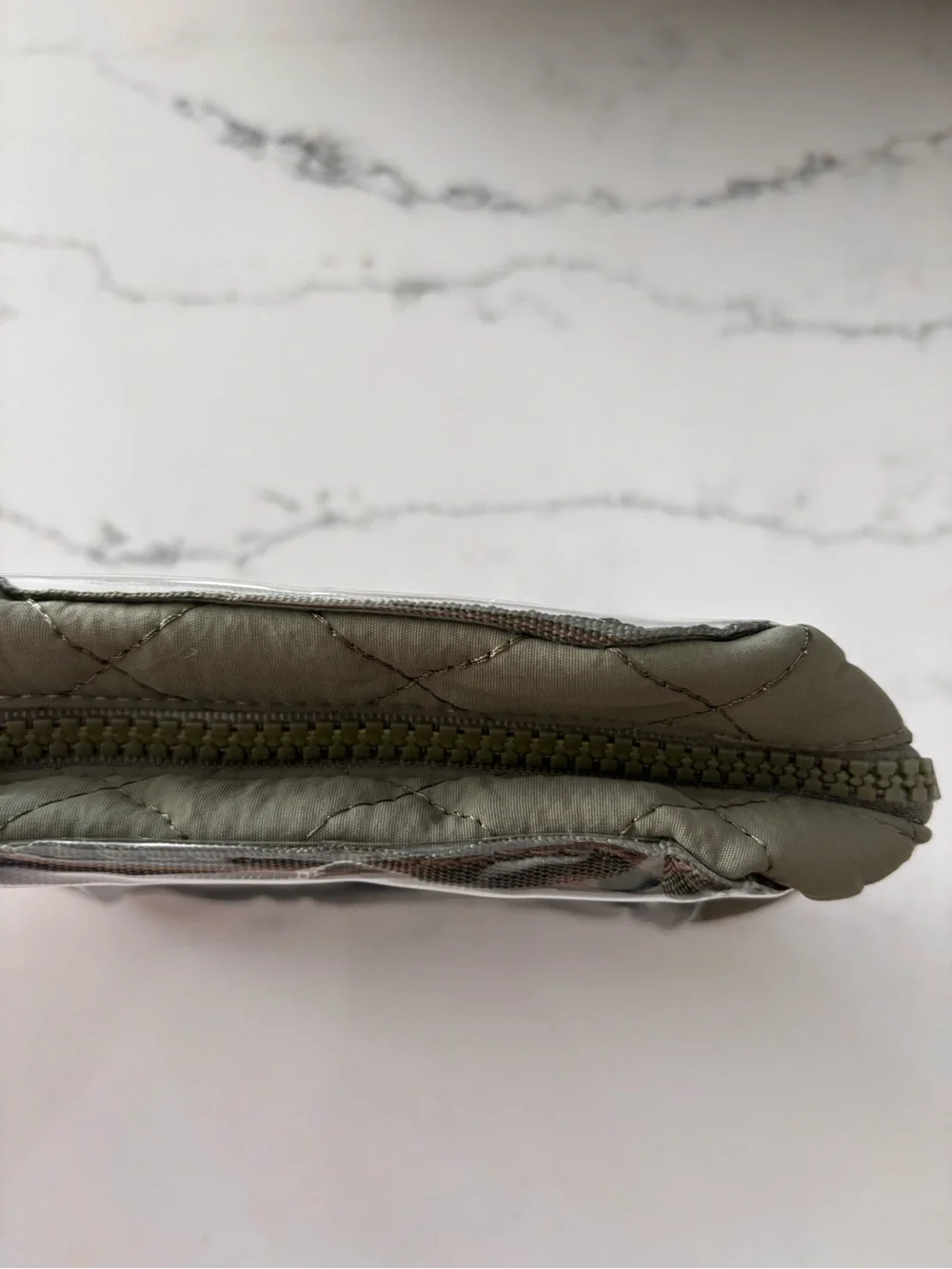 Quilted Olive Green Top-Handle Cosmetic Bag
